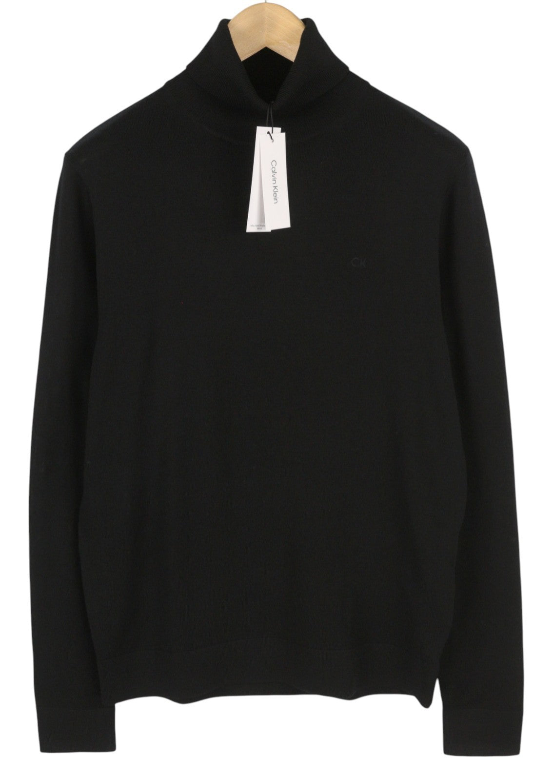 CALVIN KLEIN Merino Rws Turtle Men Jumper M Black Knit Logo Pullover RRP129