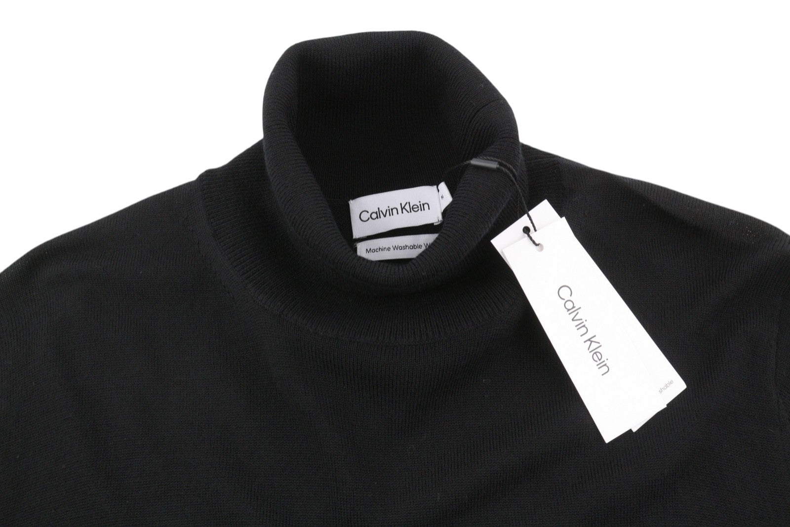 CALVIN KLEIN Merino Rws Turtle Men Jumper M Black Knit Logo Pullover RRP129
