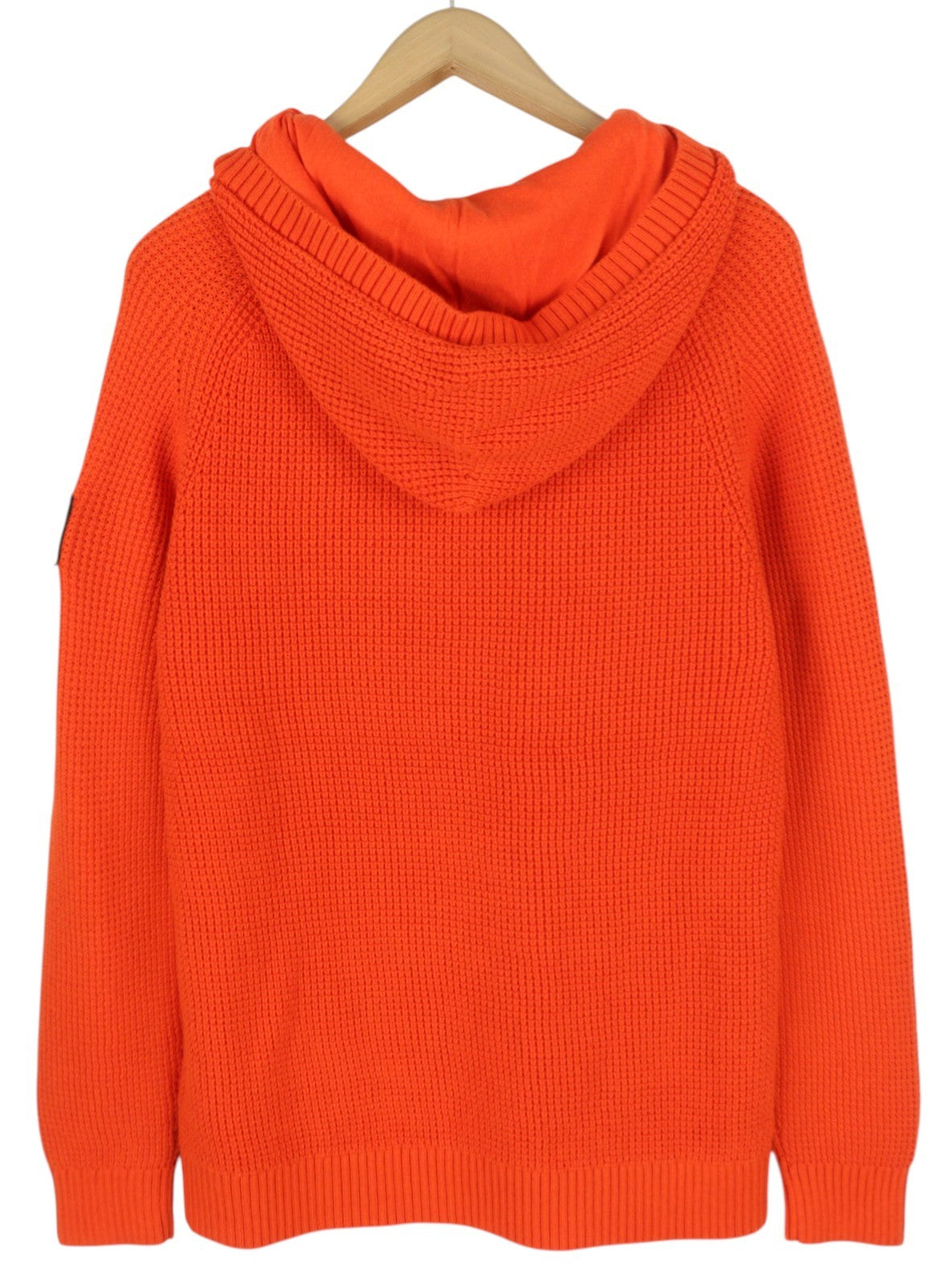 CALVIN KLEIN Men Jumper M Orange Cotton Waffle Knit Hooded Logo Pullover