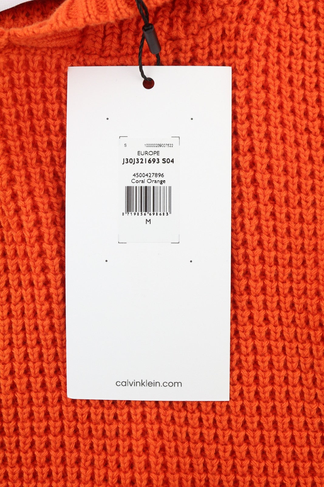 CALVIN KLEIN Men Jumper M Orange Cotton Waffle Knit Hooded Logo Pullover