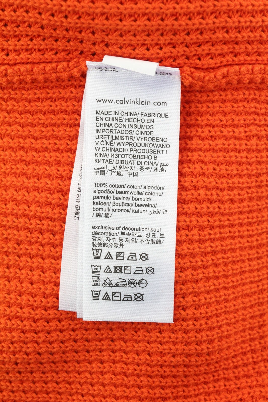 CALVIN KLEIN Men Jumper M Orange Cotton Waffle Knit Hooded Logo Pullover