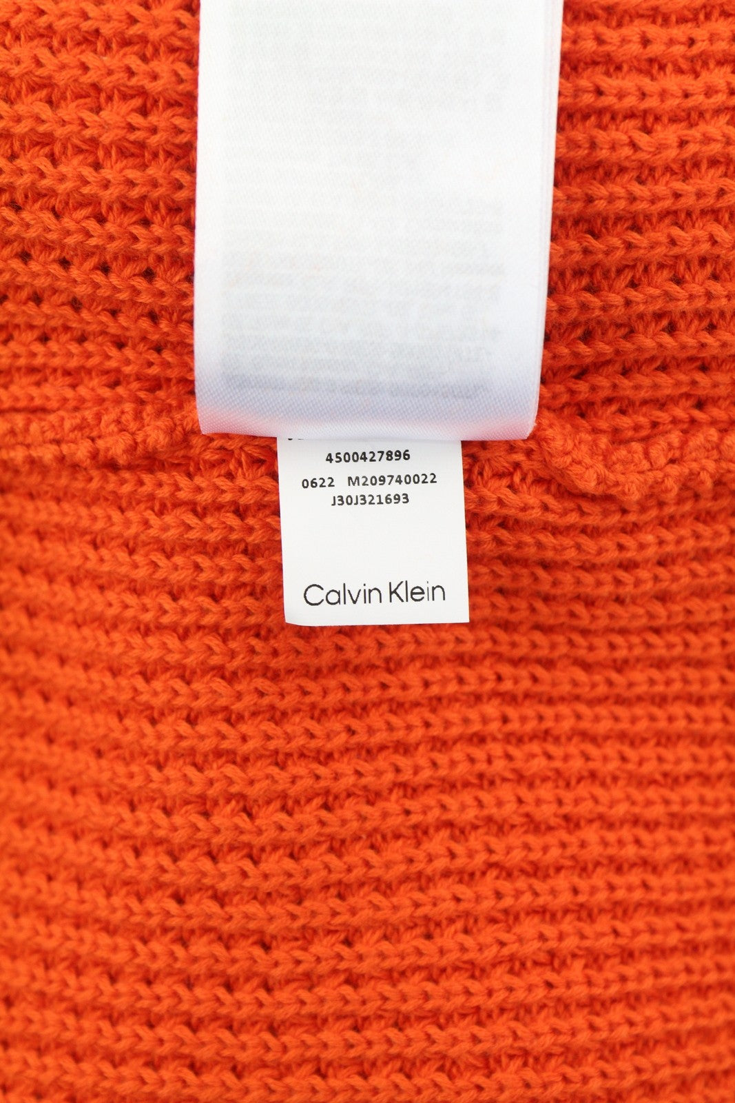 CALVIN KLEIN Men Jumper M Orange Cotton Waffle Knit Hooded Logo Pullover