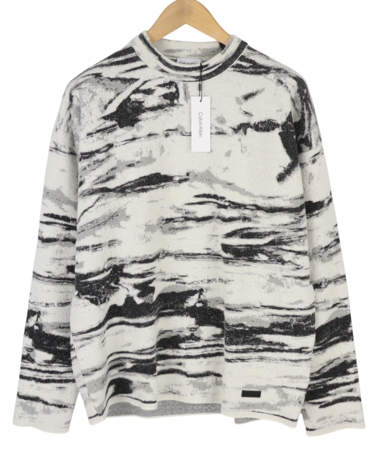 CALVIN KLEIN Abstract Jacquard Men Jumper S Grey Wool Alpaca Knit Pullover