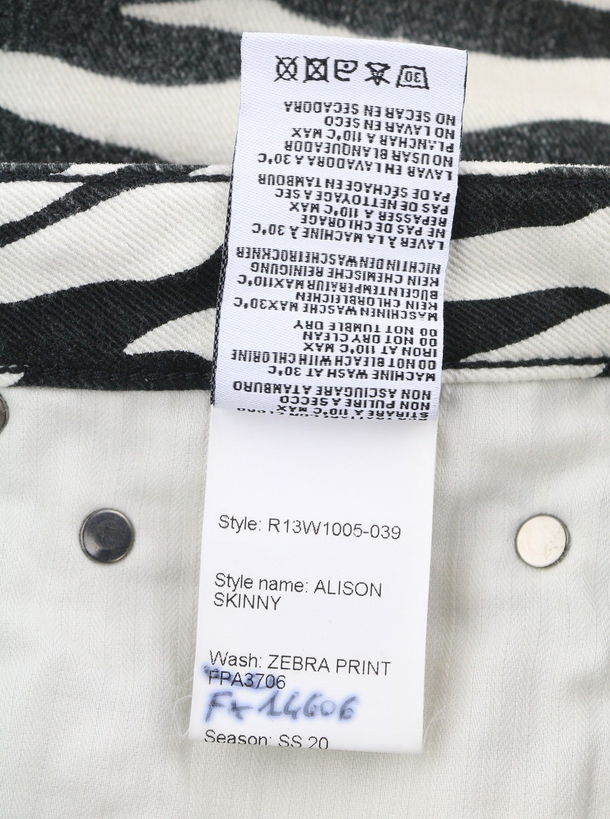 R13 Alison Skinny Women Jeans 27 Zebra Print Casual Zip Fly Denim Logo RRP599