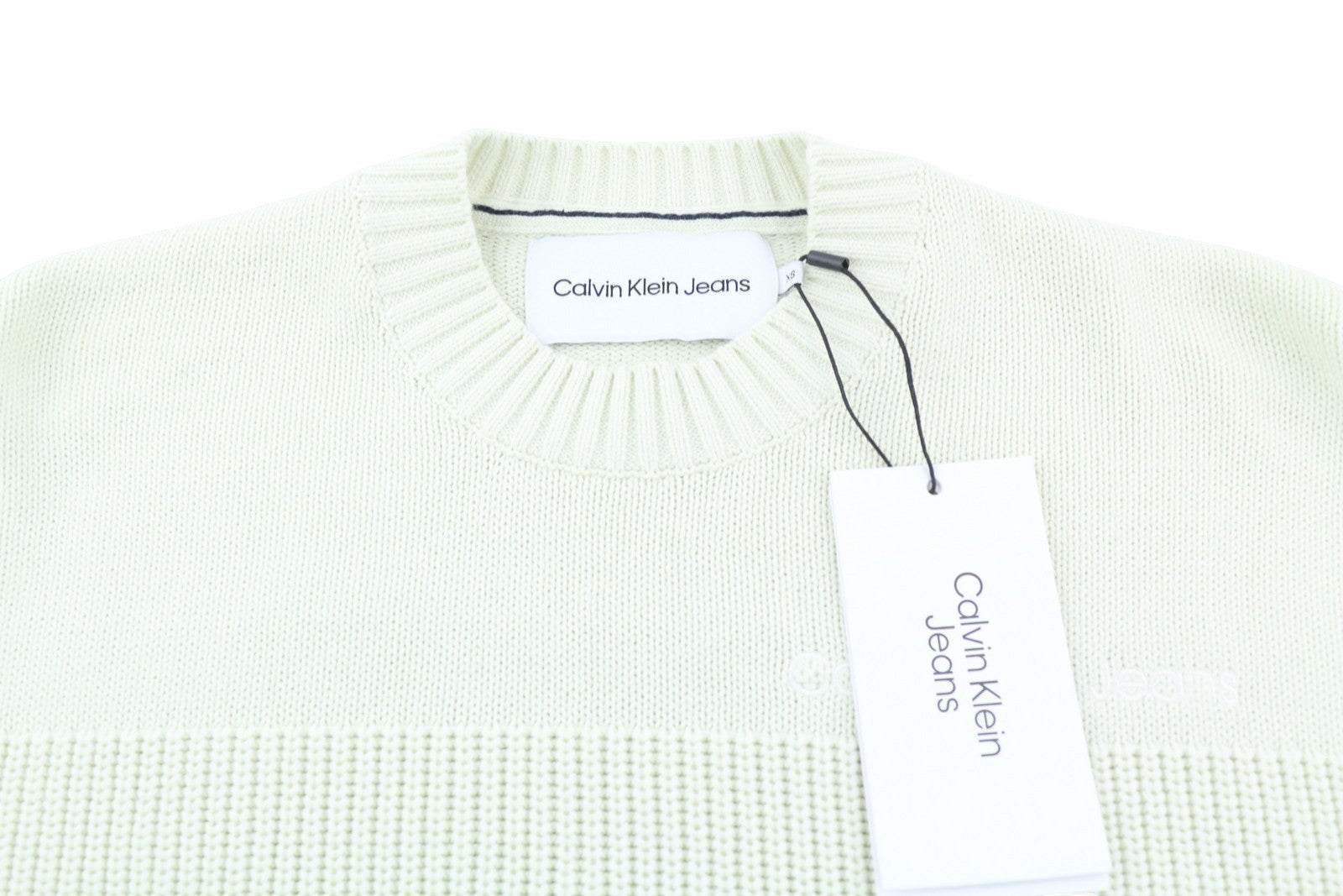 CALVIN KLEIN Stitch Blocking Men Jumper XS Off White Stripe Knit Crew Pullover