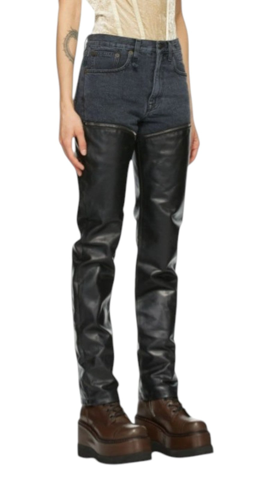 R13 Zip-Off Axl Slim With Leather Legs Women Jeans 27 Stone Black Denim RRP999