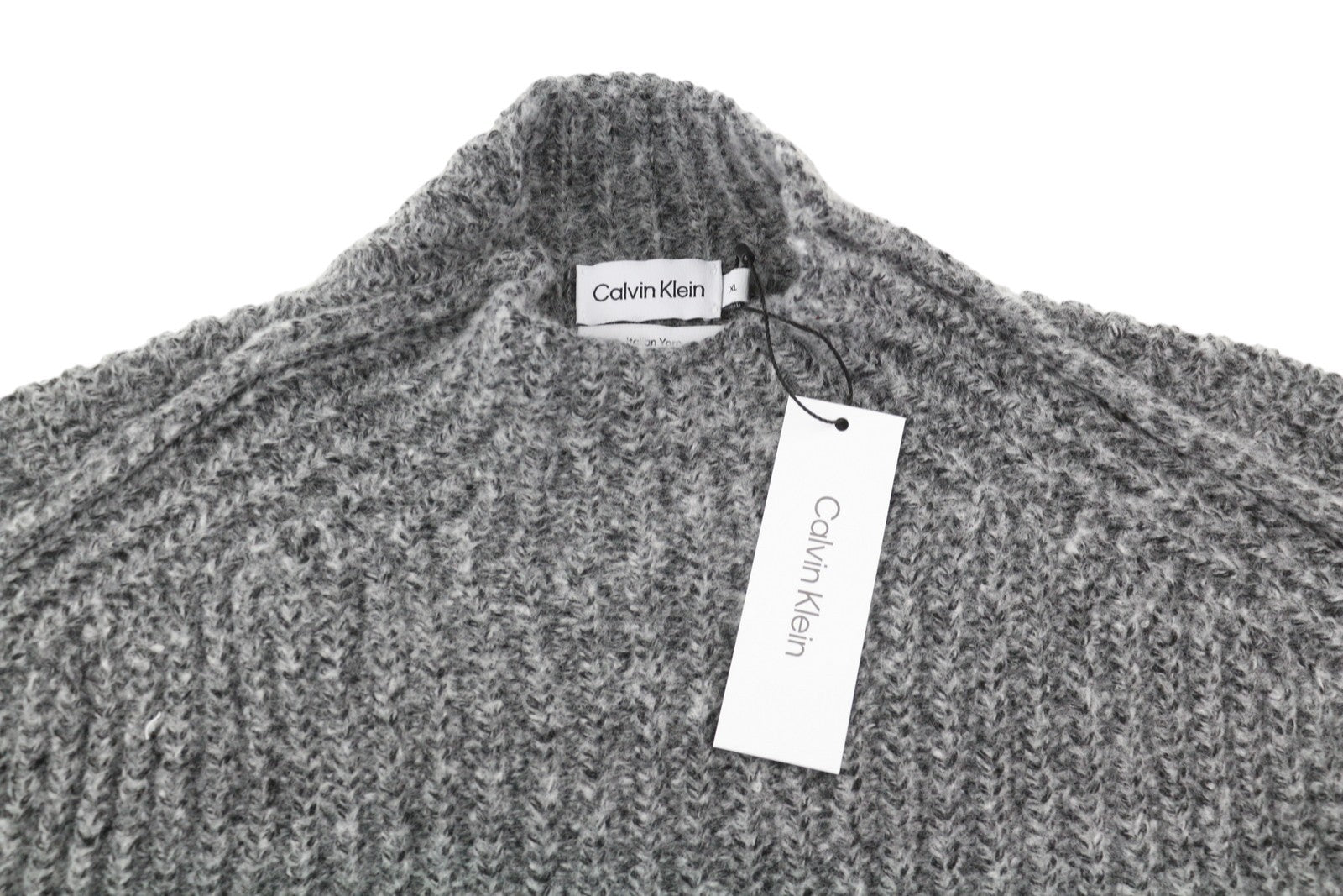 CALVIN KLEIN Men Jumper XL Grey Wool Blend Tight Knit Mock Neck Logo Pullover