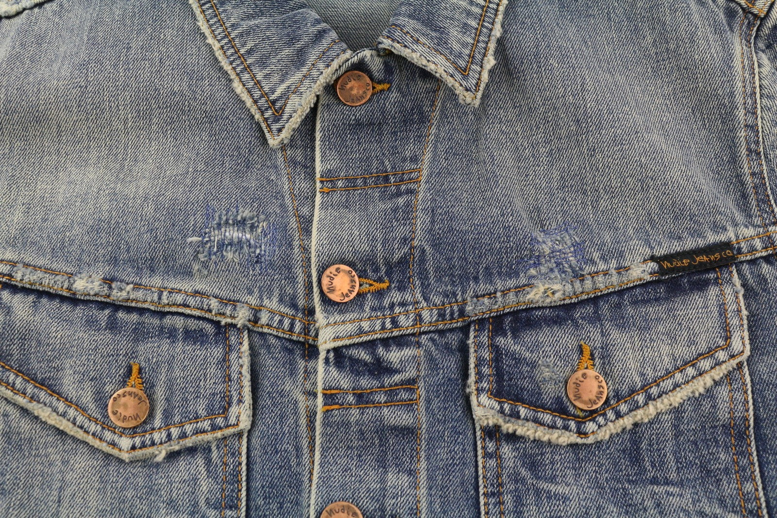 NUDIE JEANS Billy Men Jacket M Shimmering Indigo Denim Button Distressed Blue