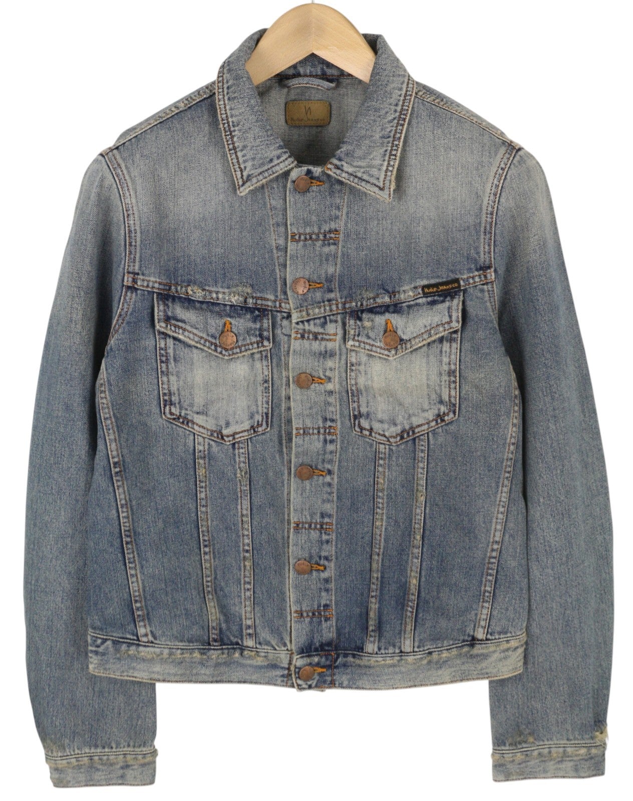 NUDIE JEANS Billy Men Jacket M Shimmering Indigo Washed Denim Button Distress