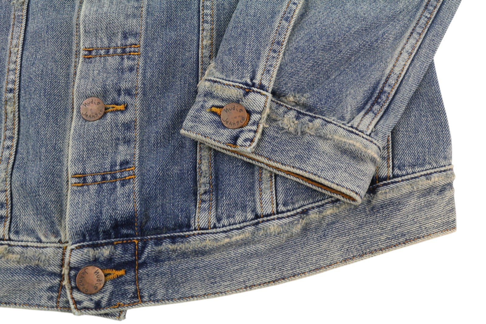 NUDIE JEANS Billy Men Jacket M Shimmering Indigo Washed Denim Button Distress