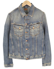 NUDIE JEANS Billy Men Jacket M Shimmering Indigo Ripped Denim Button-Up Faded