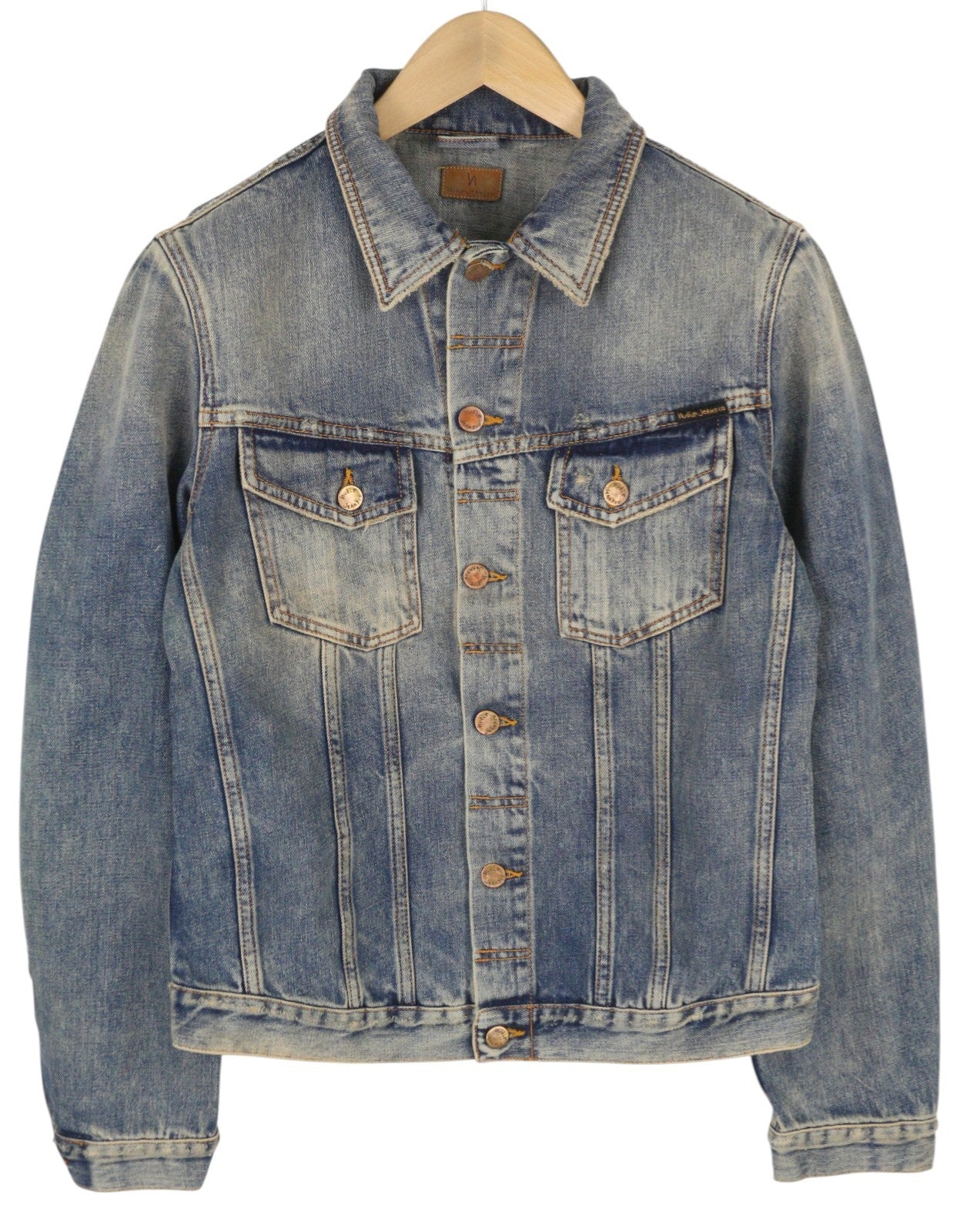 NUDIE JEANS Billy Men Jacket M Shimmering Indigo Denim Button-Up Worn Distress