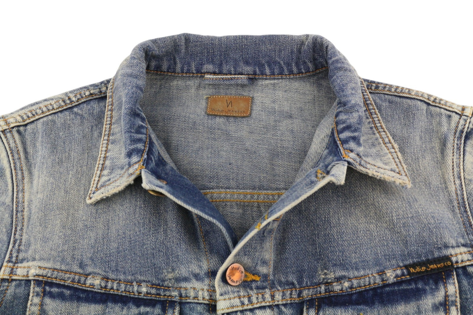 NUDIE JEANS Billy Men Jacket M Shimmering Indigo Denim Button-Up Worn Distress