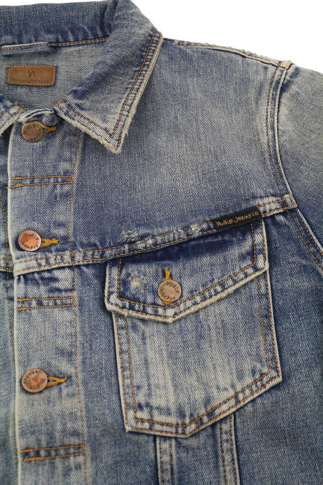 NUDIE JEANS Billy Men Jacket M Shimmering Indigo Denim Button-Up Worn Distress