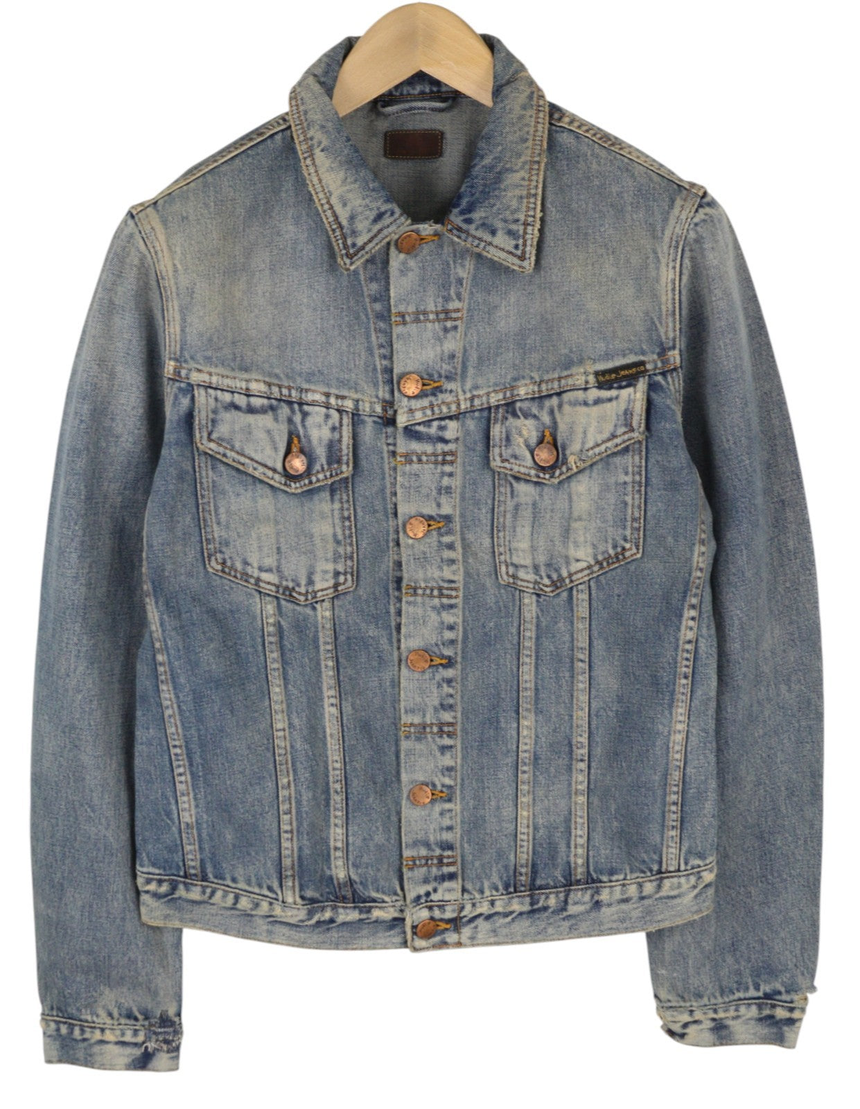 NUDIE JEANS Billy Men Jacket M Shimmering Indigo Ripped Denim Distress Logo