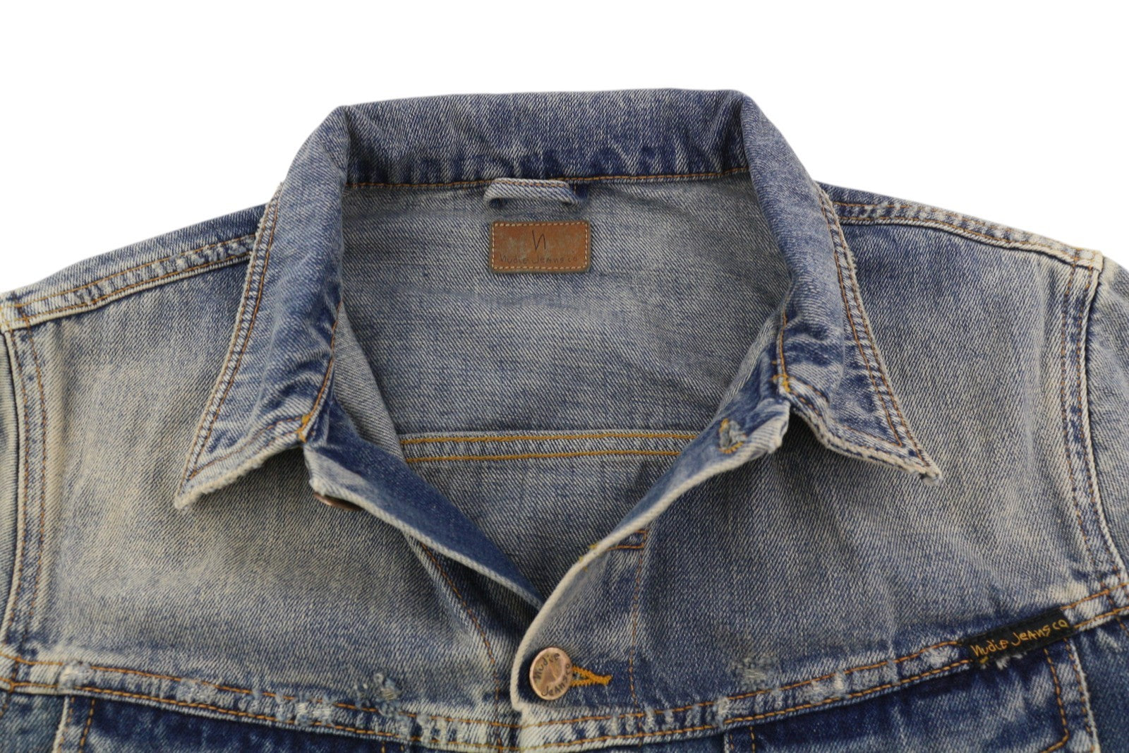 NUDIE JEANS Billy Men Jacket M Shimmering Indigo Washed Denim Distress Logo