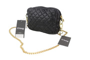 O BAG Extra Pocket Women Bag OS Black Quilted Coated Gold Chain Crossbody