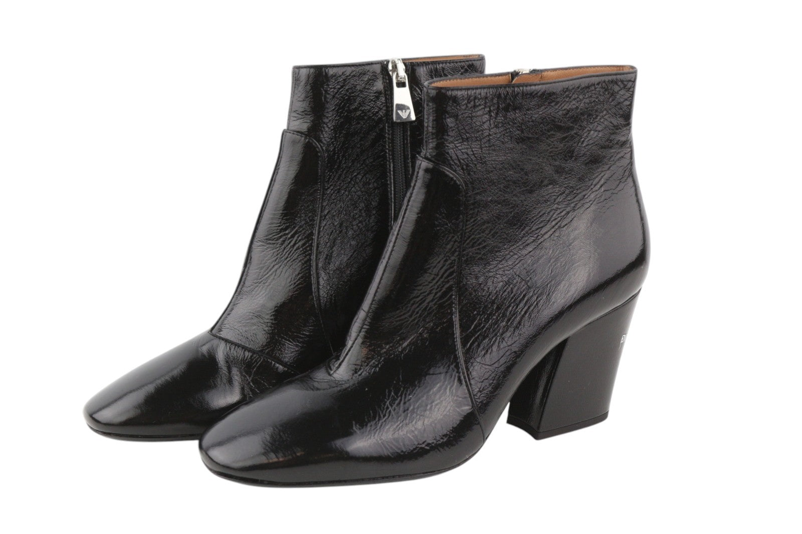 EMPORIO ARMANI Women Boots EU37 Black Patent Leather Shiny Heeled Ankle Zipper