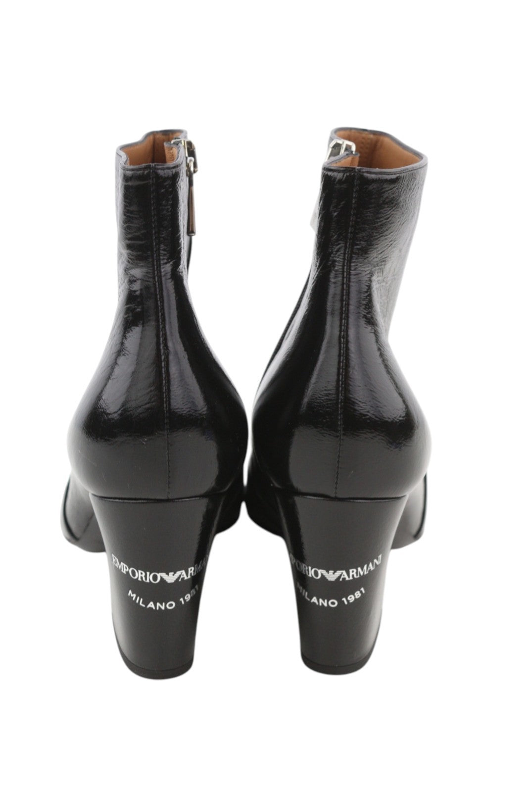 EMPORIO ARMANI Women Boots EU37 Black Patent Leather Shiny Heeled Ankle Zipper
