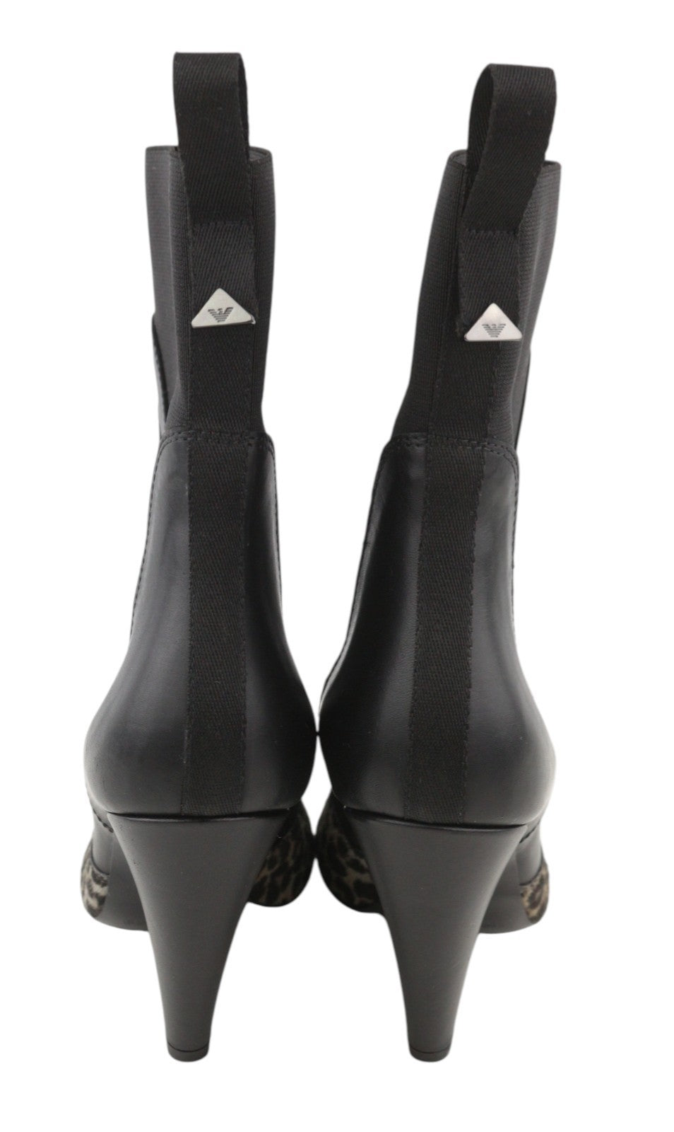 EMPORIO ARMANI Women Boots EU37 Black Leather Leopard Print Heeled Cowboy