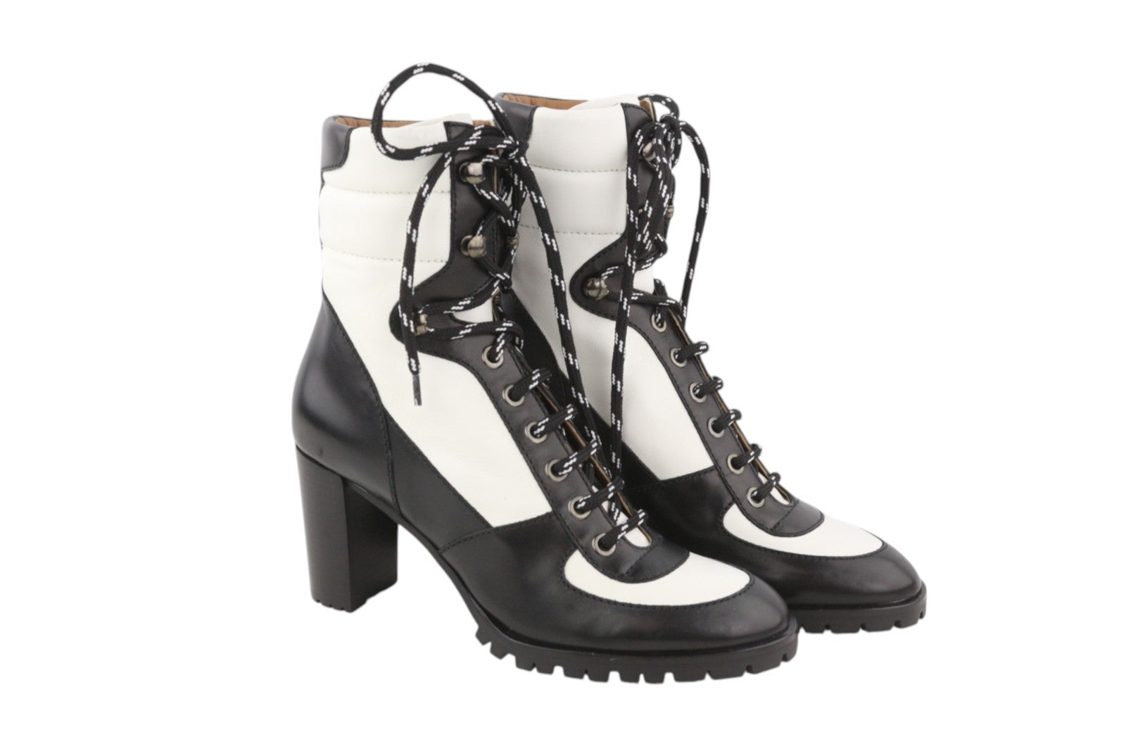 EMPORIO ARMANI Women Boots EU37 Black White Leather Lace-Up Heeled Mid Top