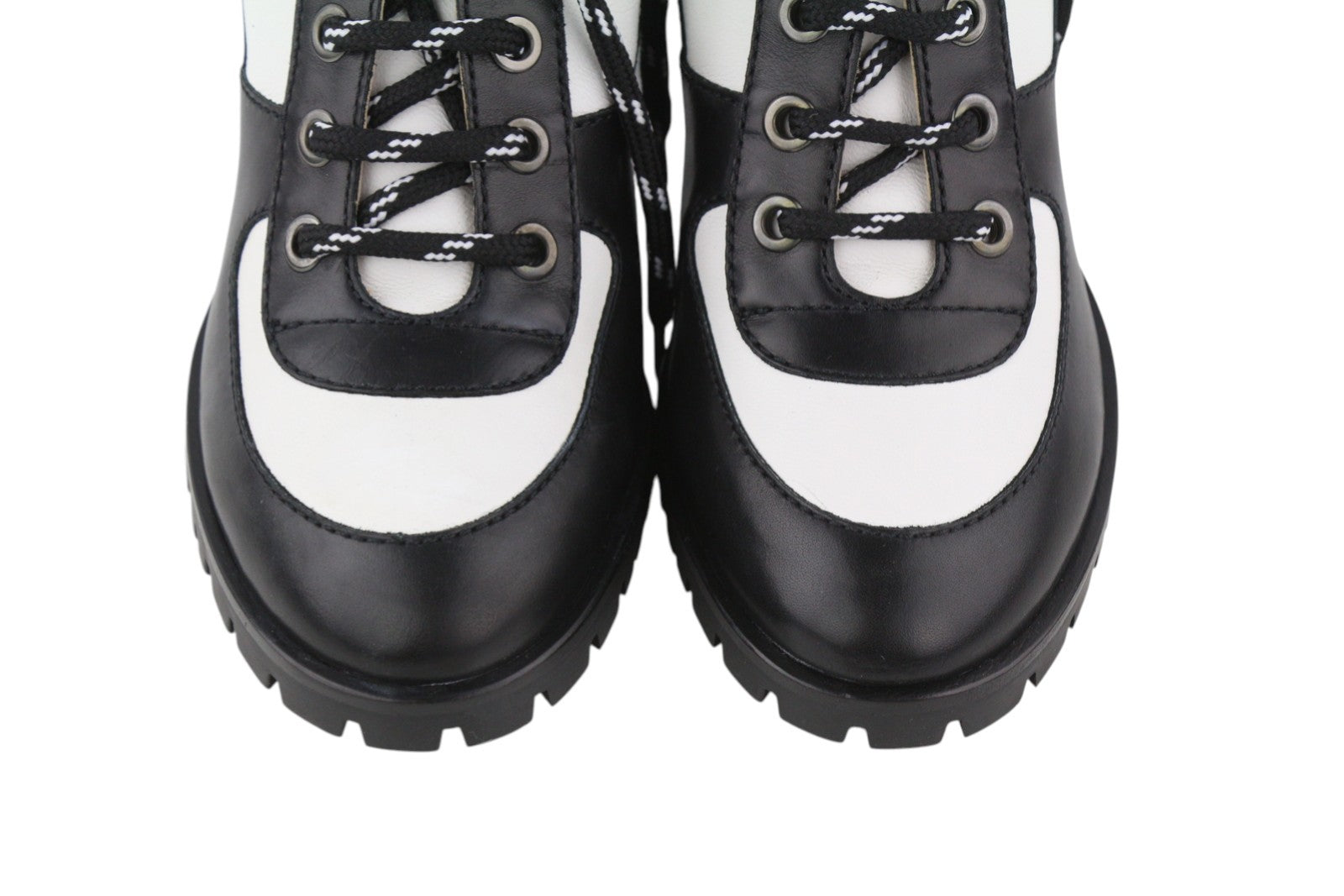 EMPORIO ARMANI Women Boots EU37 Black White Leather Lace-Up Heeled Mid Top