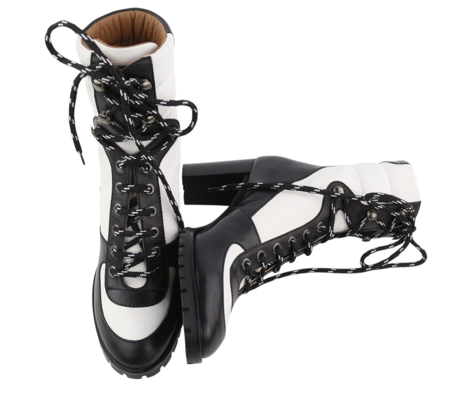 EMPORIO ARMANI Women Boots EU37 Black White Leather Lace-Up Heeled Mid Top