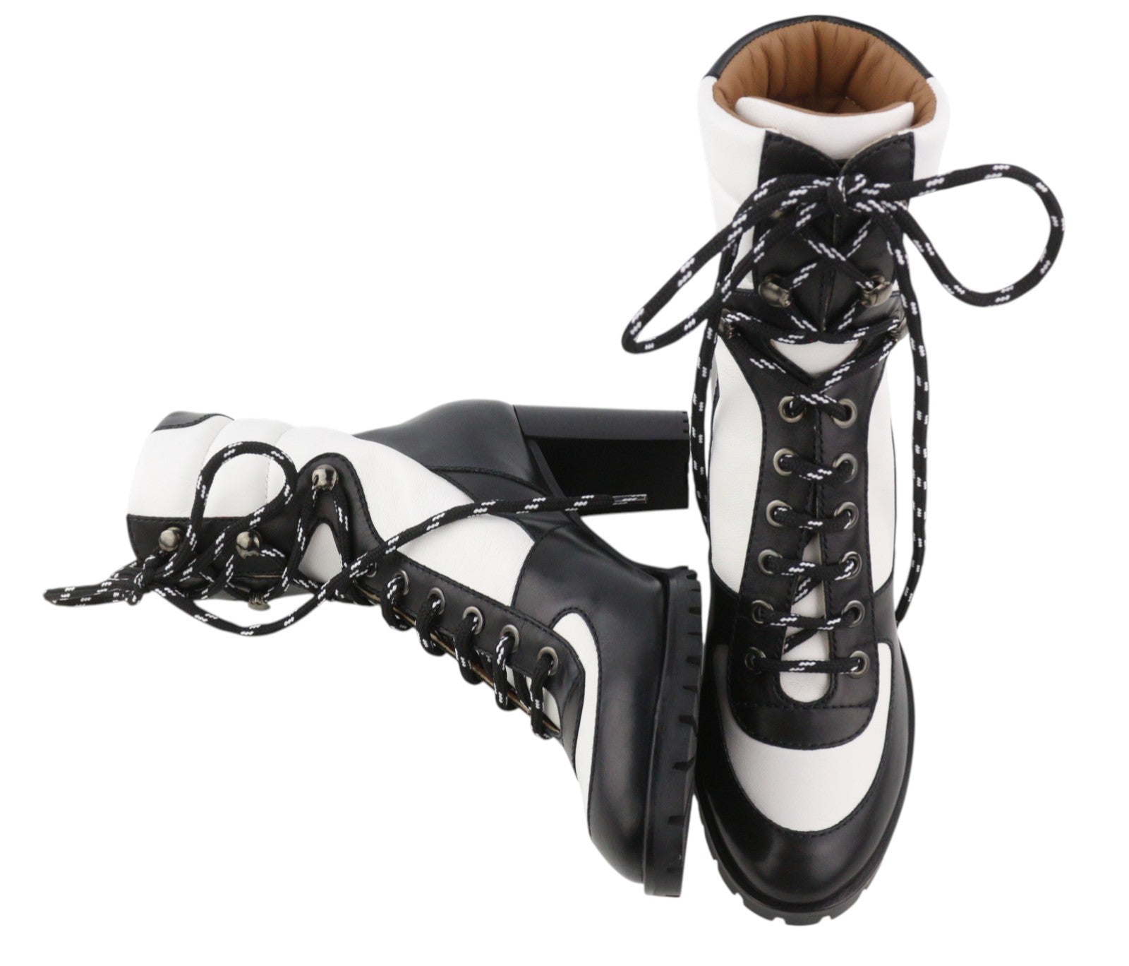 EMPORIO ARMANI Women Boots EU37 Black White Leather Lace-Up Heeled Mid Top