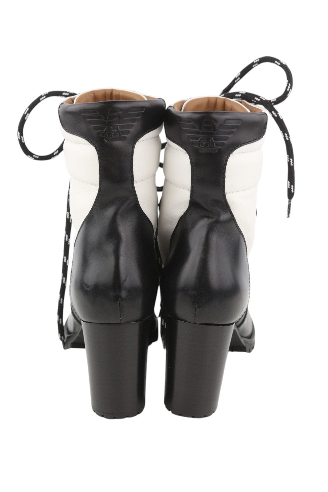 EMPORIO ARMANI Women Boots EU37 Black White Leather Lace-Up Heeled Mid Top