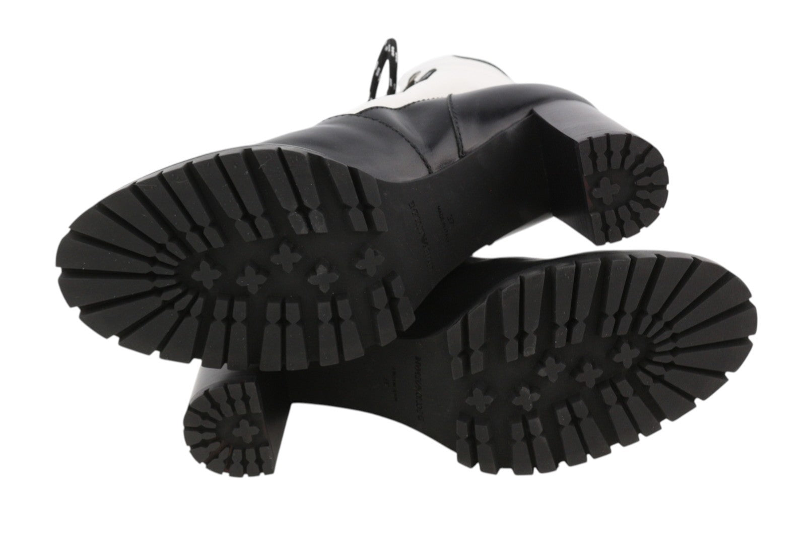 EMPORIO ARMANI Women Boots EU37 Black White Leather Lace-Up Heeled Mid Top