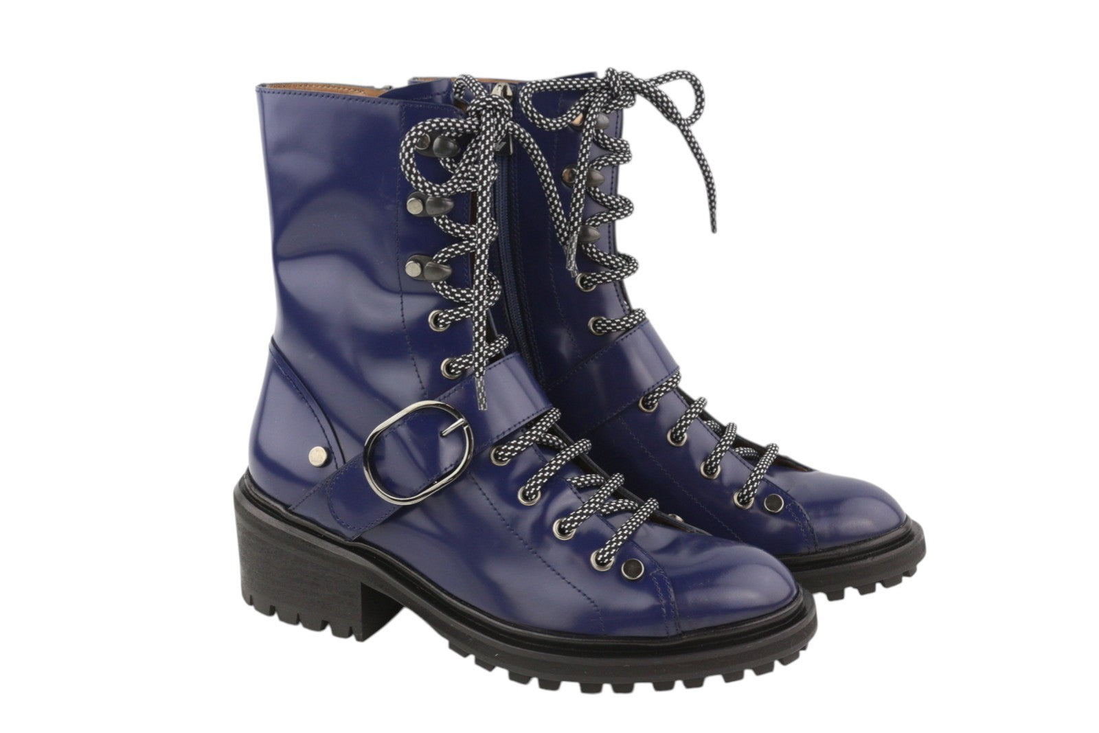 EMPORIO ARMANI Women Boots EU37 Blue Leather Buckle Lace-Up Zip Mid Top
