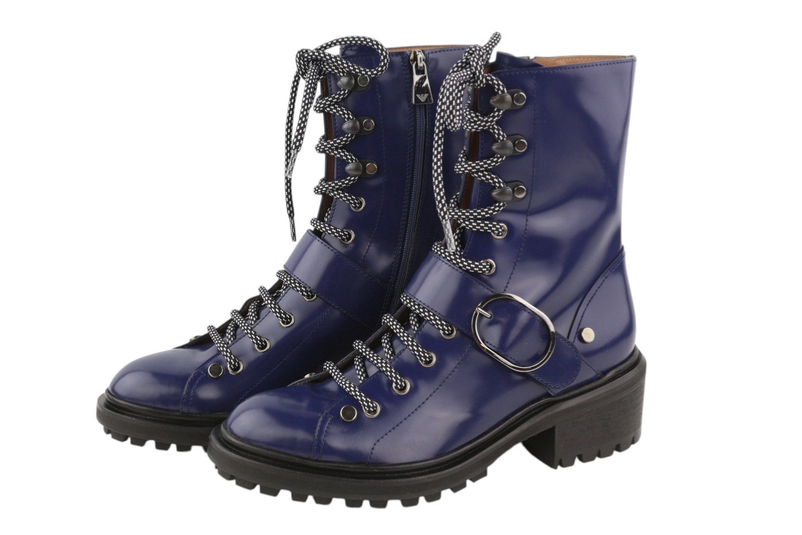 EMPORIO ARMANI Women Boots EU37 Blue Leather Buckle Lace-Up Zip Mid Top