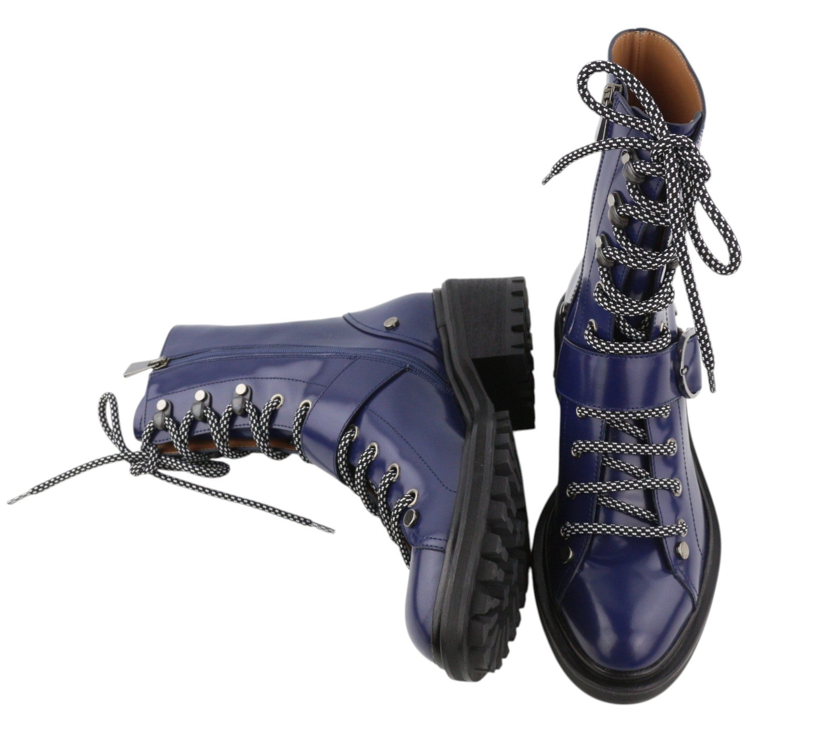 EMPORIO ARMANI Women Boots EU37 Blue Leather Buckle Lace-Up Zip Mid Top