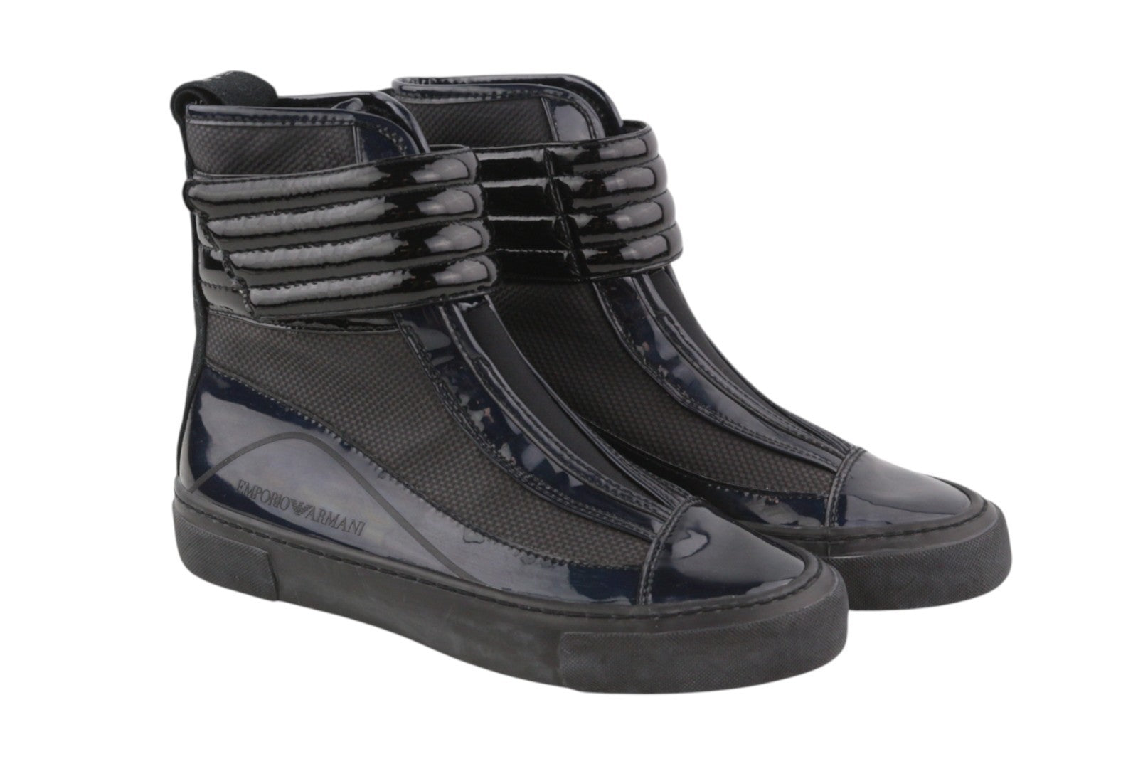 EMPORIO ARMANI Women Shoes EU37 Black Holographic Leather Touch Fastener Ankle