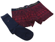 TOMMY HILFIGER Men Underwear S Burgundy Trunk & Sock Set Printed Boxers