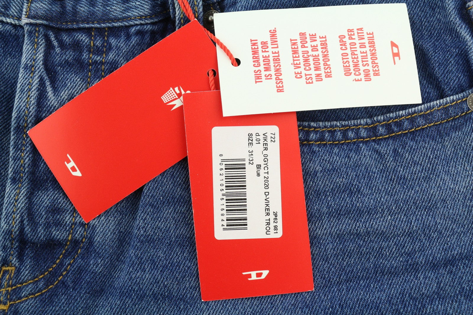 DIESEL 2020 D-Viker 0GYCT Men Jeans W31/L32 Blue Faded Straight Regular Fit