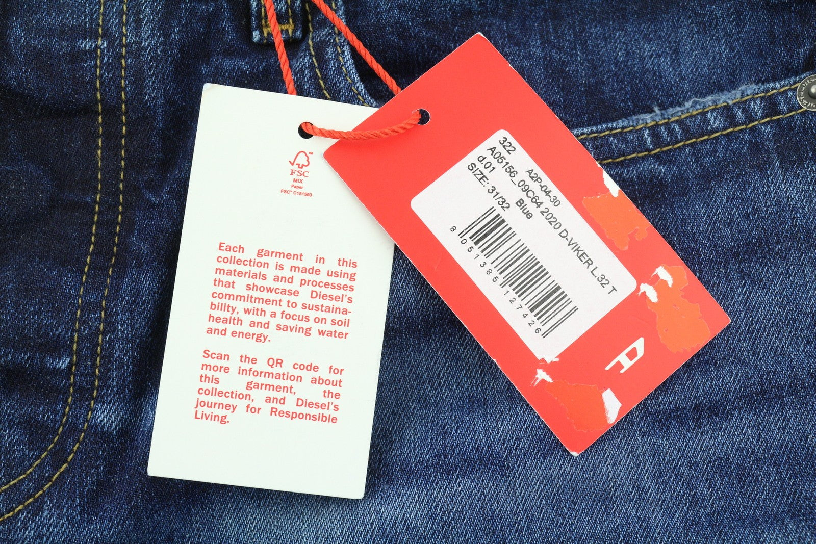 DIESEL 2020 D-Viker 09C64 Men Jeans W31/L32 Blue Washed Regular Straight Leg