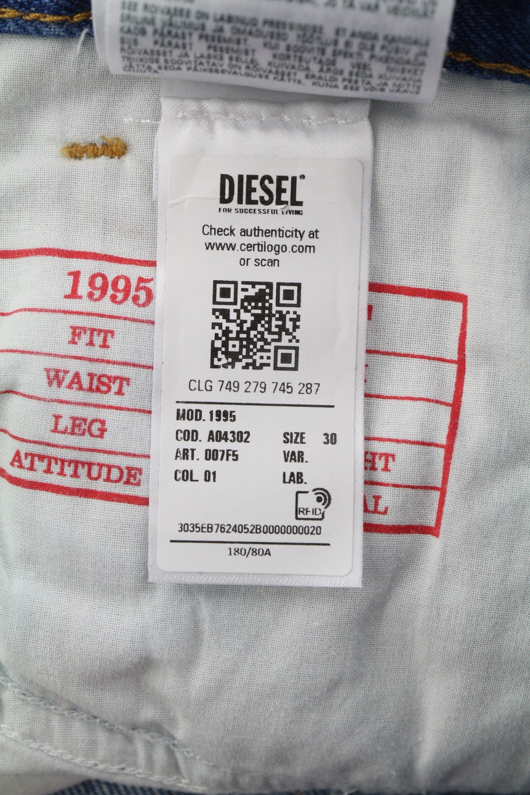 DIESEL 1995 007F5 Men Jeans W30/L30 Slim Straight Patterned Fit RRP250