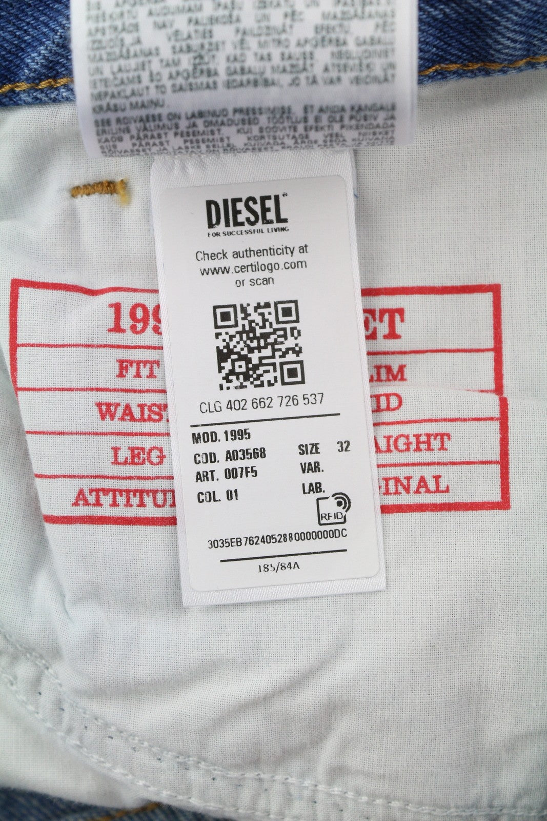 DIESEL 1995 007F5 Men Jeans W32/L32 Slim Straight Fit Graphic Logo RRP250