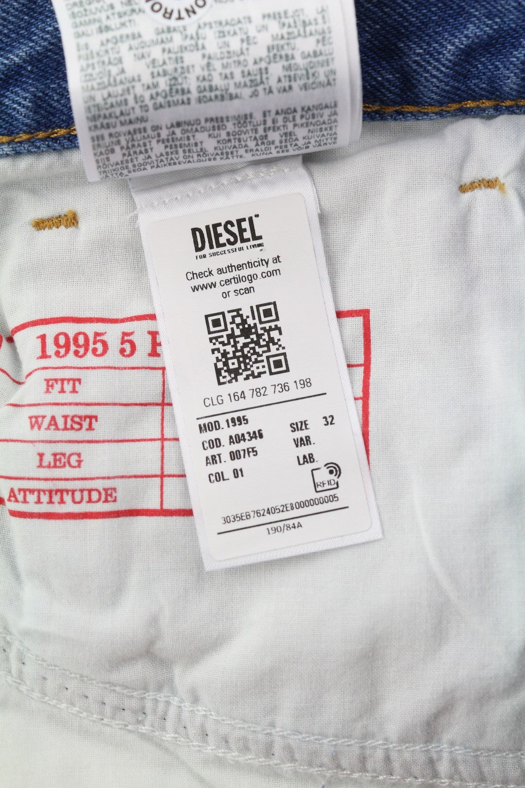 DIESEL 1995 007F5 Men Jeans W32/L34 Slim Fit Straight Leg Logo Detail RRP250