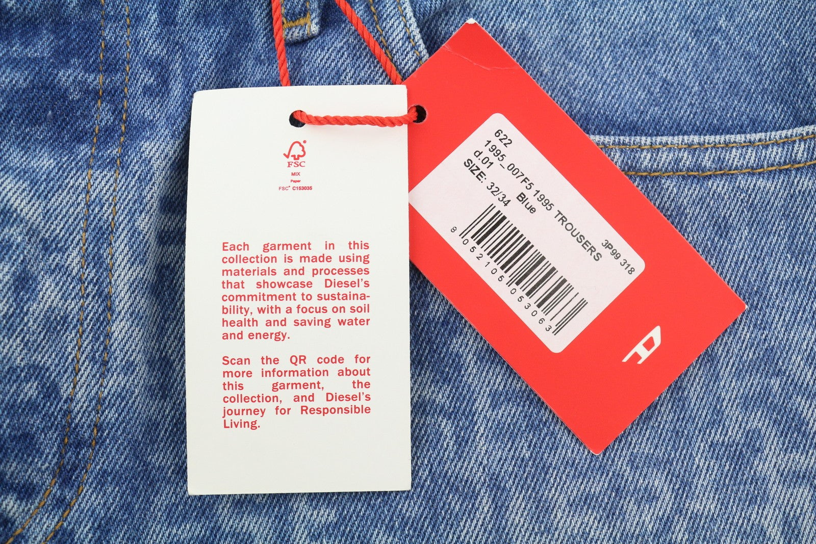 DIESEL 1995 007F5 Men Jeans W32/L34 Slim Fit Straight Leg Logo Detail RRP250