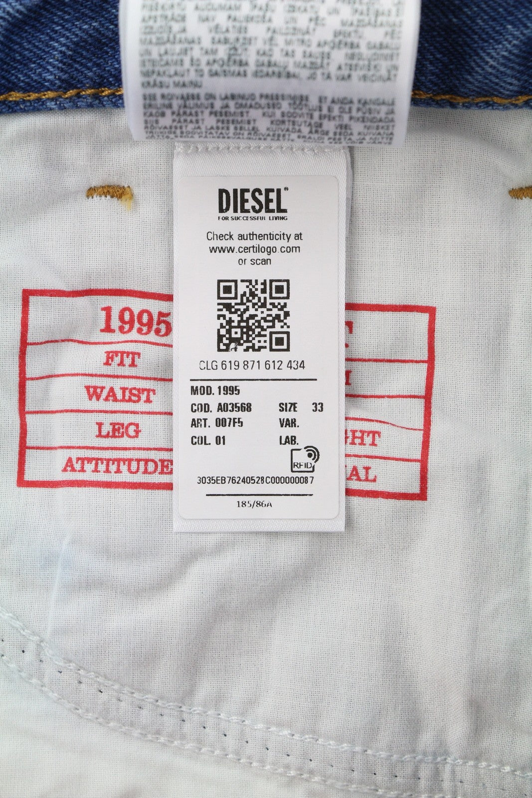 DIESEL 1995 007F5 Men Jeans W33/L32 Slim Fit Straight Logo Print RRP250