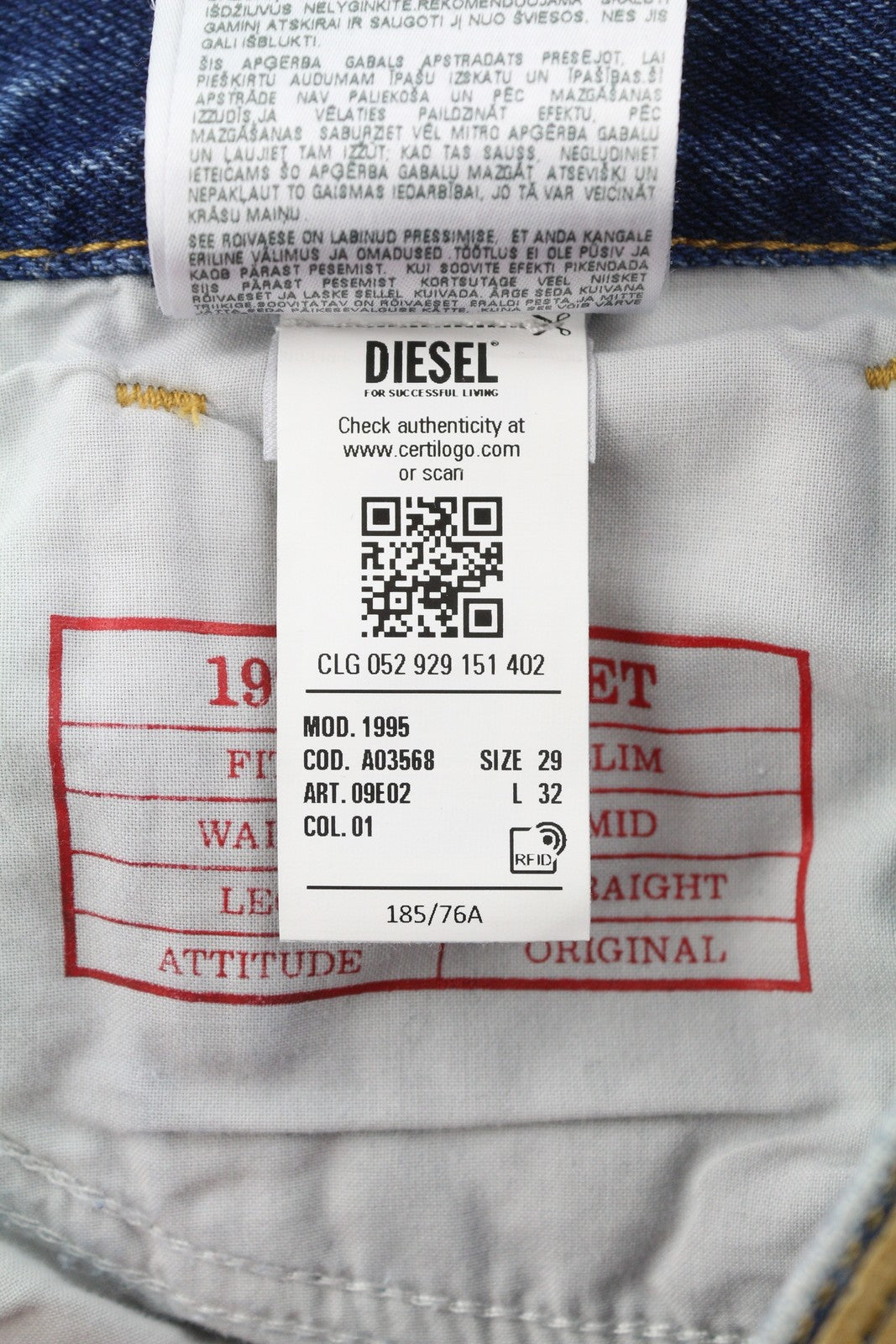 DIESEL 1995 09E02 Men Jeans W29/L32 Blue Ripped Slim Straight Denim RRP375