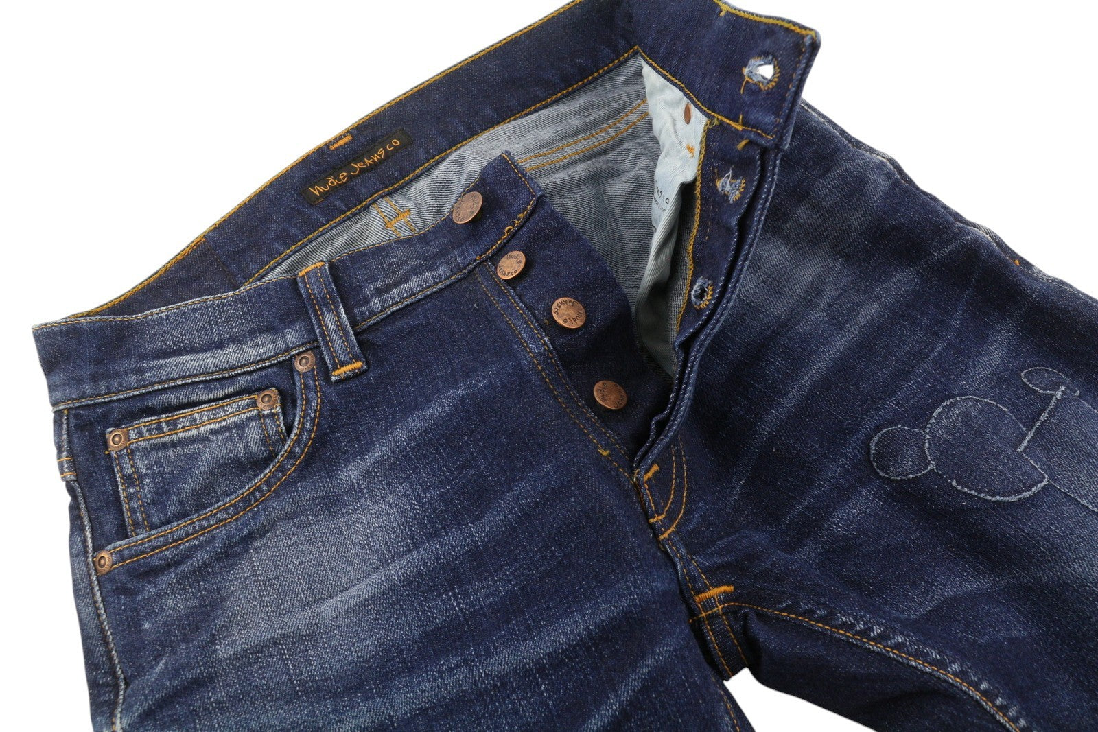 NUDIE JEANS Tilted Tor Men Jeans W29/L32 Patch Mended Slim Button Faded Blue