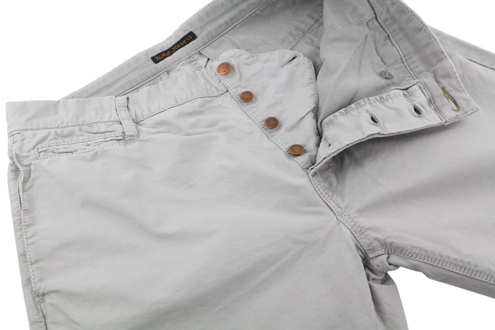 NUDIE JEANS Khaki Regular Men Trousers W32/L34 Grey Moon Dust Distressed Chino