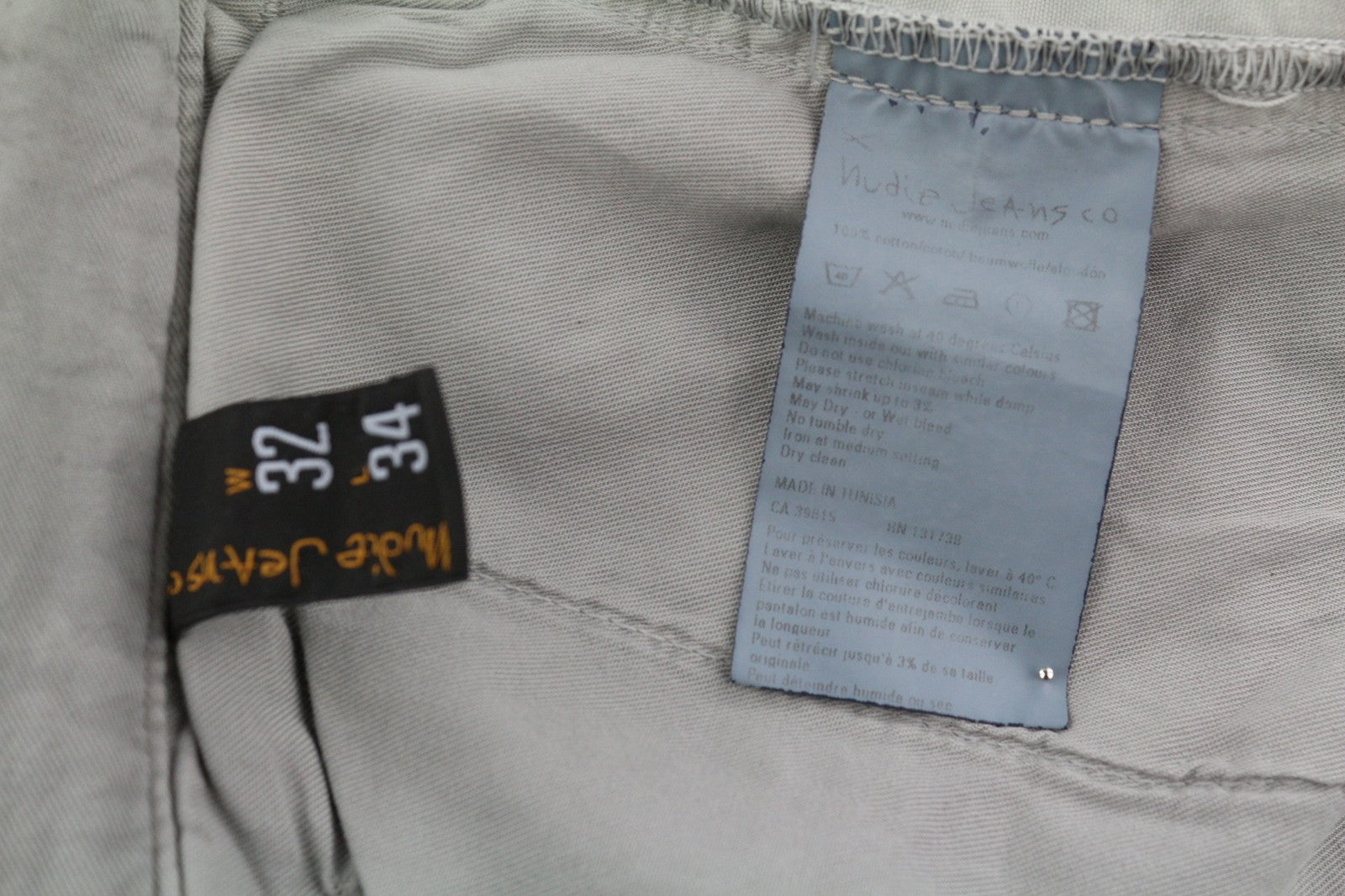 NUDIE JEANS Khaki Regular Men Trousers W32/L34 Grey Moon Dust Distressed Chino