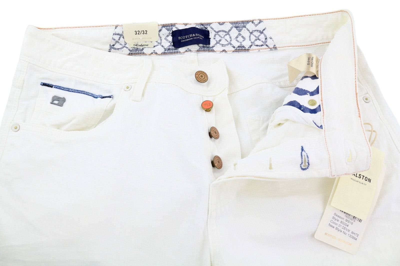 SCOTCH & SODA Ralston Men Jeans W32/L32 White Slim Button Fly Logo Denim