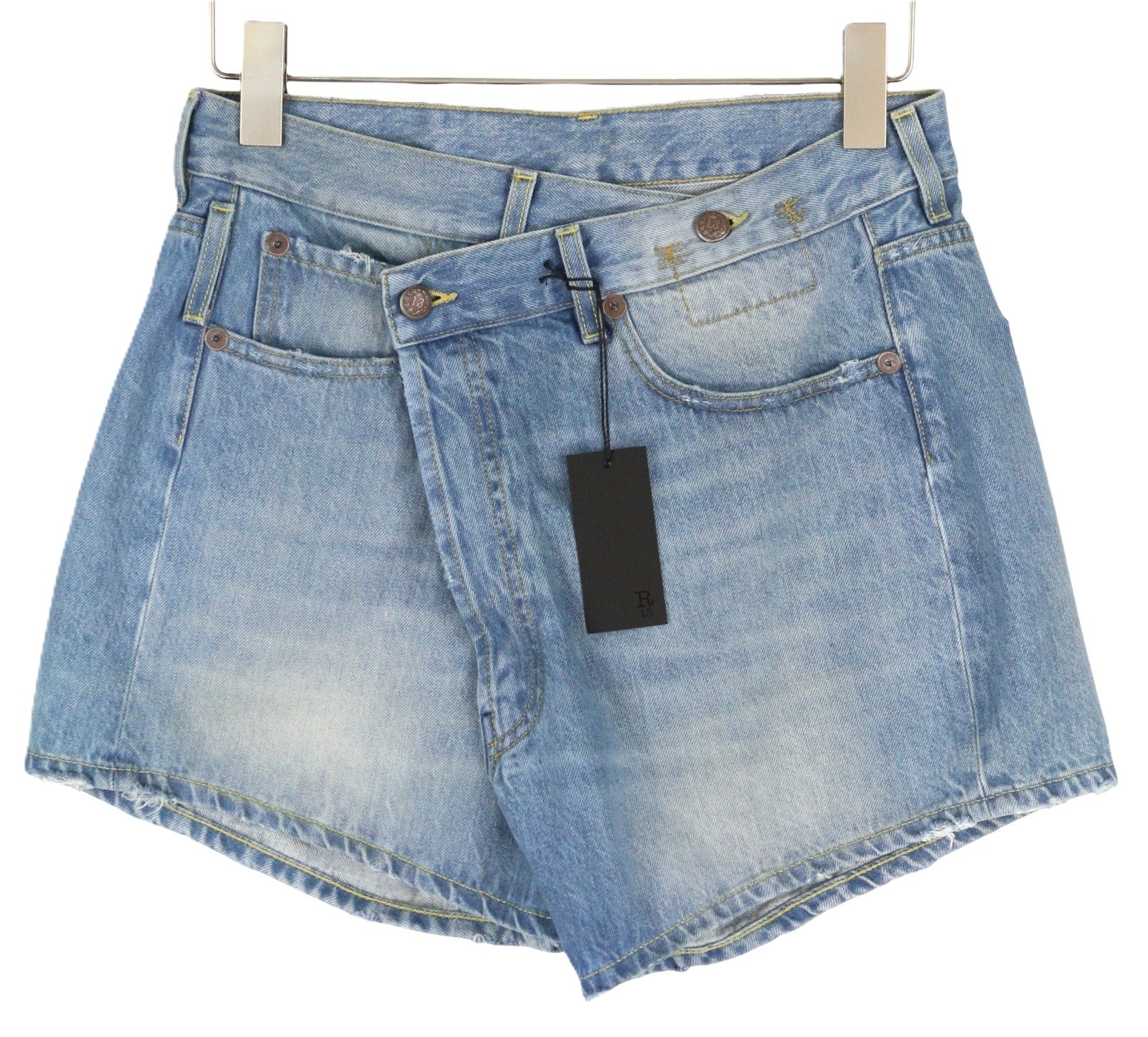 R13 Cross Over Women Shorts 26 Denim Zip Asymmetrical Distressed Blue RRP599