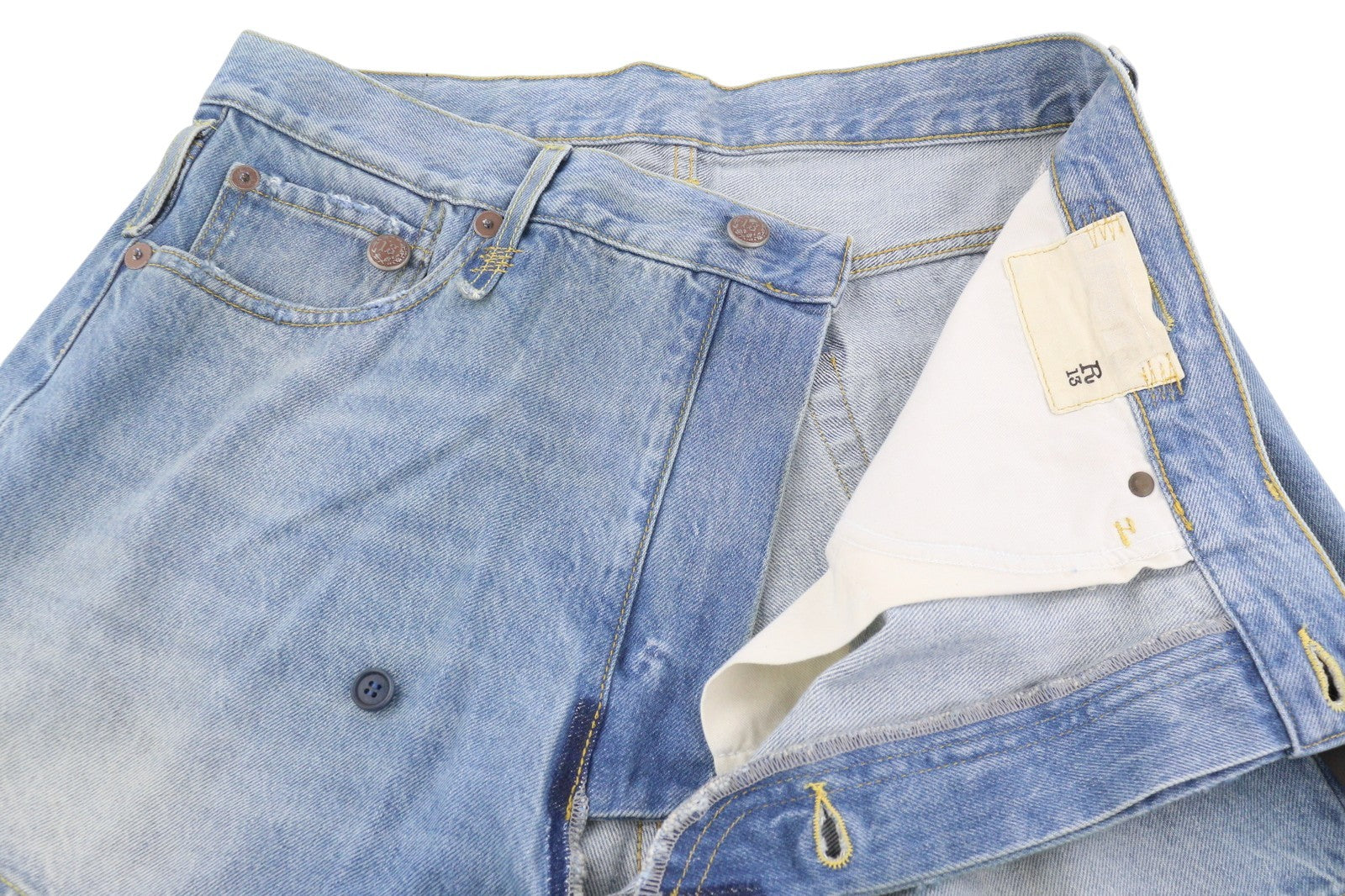 R13 Cross Over Women Shorts 25 Washed Blue Denim Asymmetrical Distress RRP599