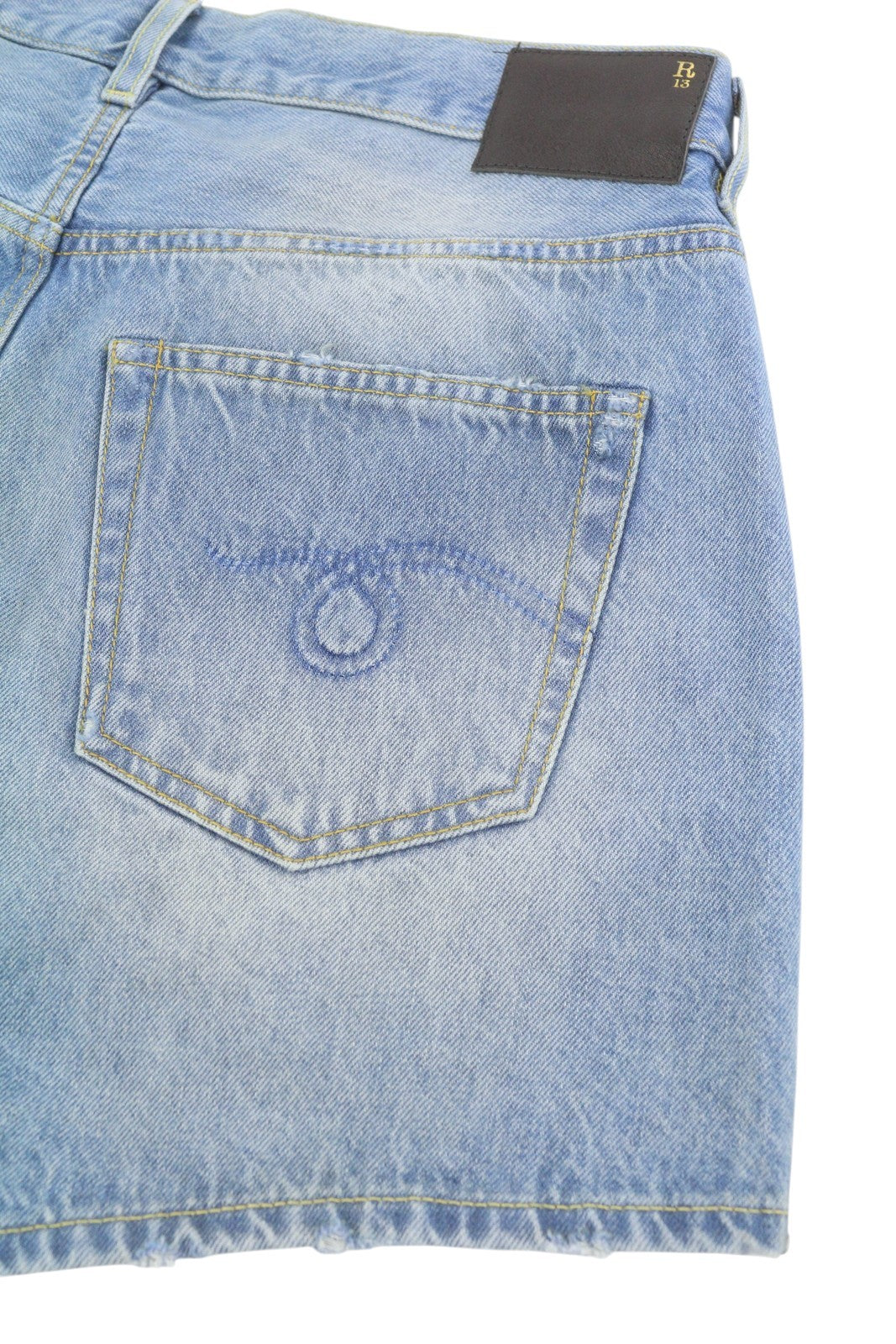 R13 Cross Over Women Shorts 25 Washed Blue Denim Asymmetrical Distress RRP599